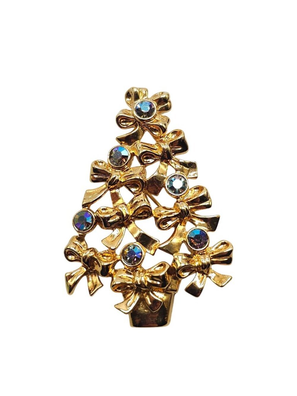 Avon Vintage Gold-Tone Christmas Tree Brooch Crystal Accents Holiday Pin